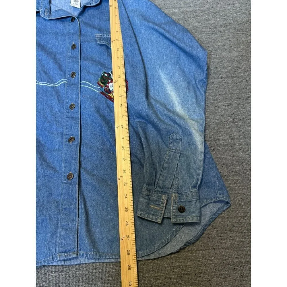 Vintage Christmas Denim Button Down Shirt Embroidered long Sleeve, Size L - Picture 7 of 10